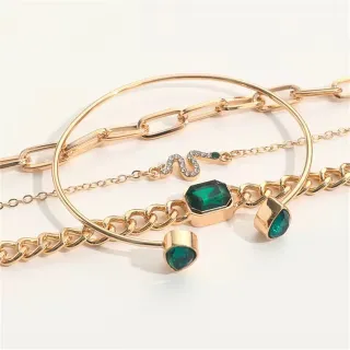 4 pcs Green Rhinestone Snake Bracelet Set